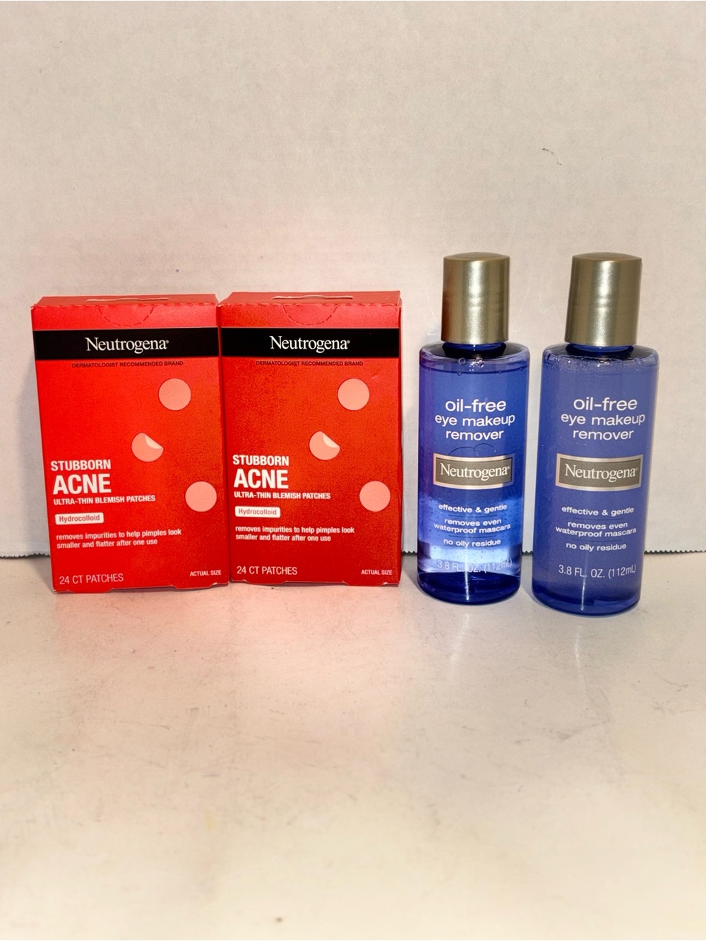 Neutrogena Red Acne Patches & Blue Oil-Free Eye Makeup Remover Bundle of 4